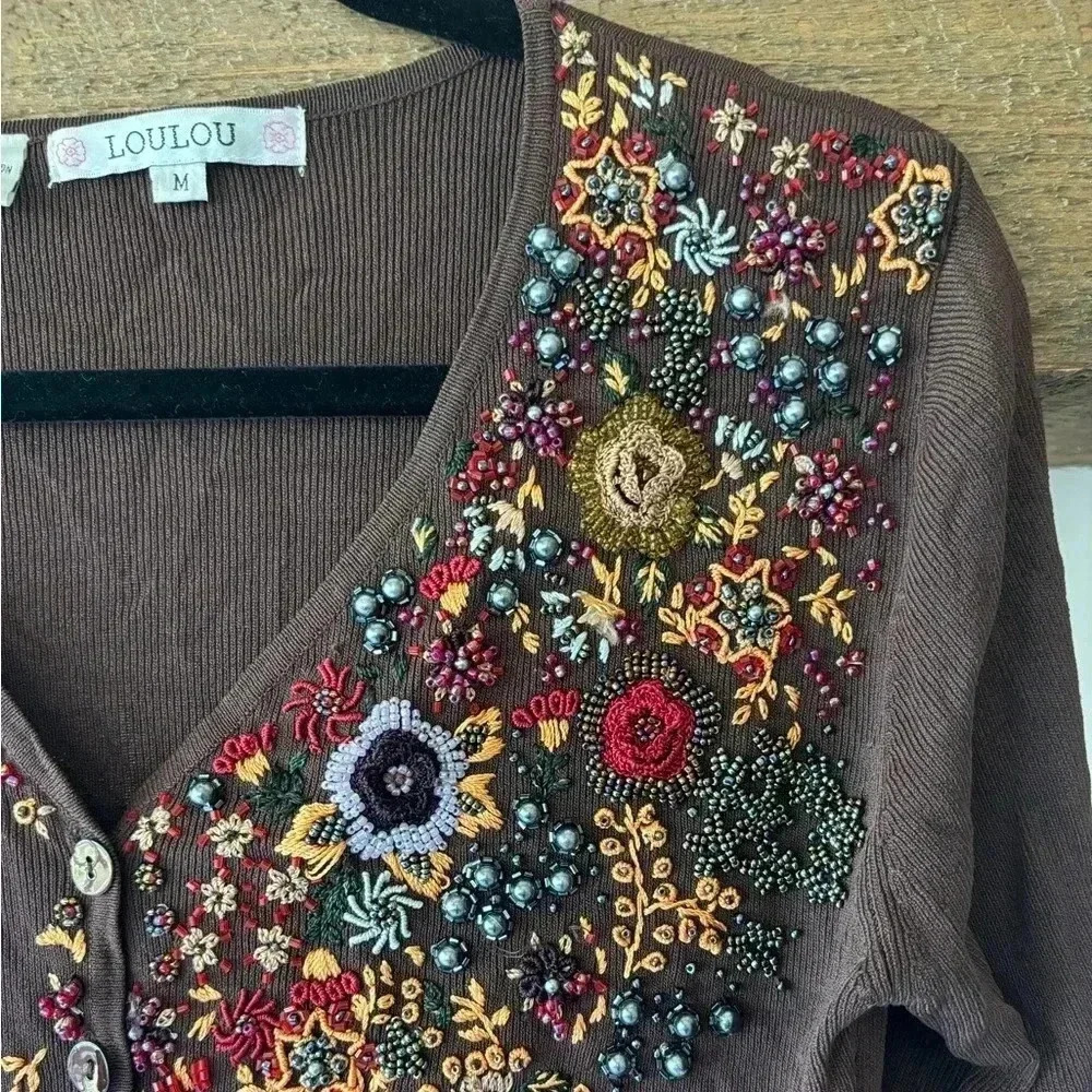 Lou Lou Cardigan Women’s M Choc Brown Beaded Embroidered 90s Y2K Retro Floral - Picture 2 of 6